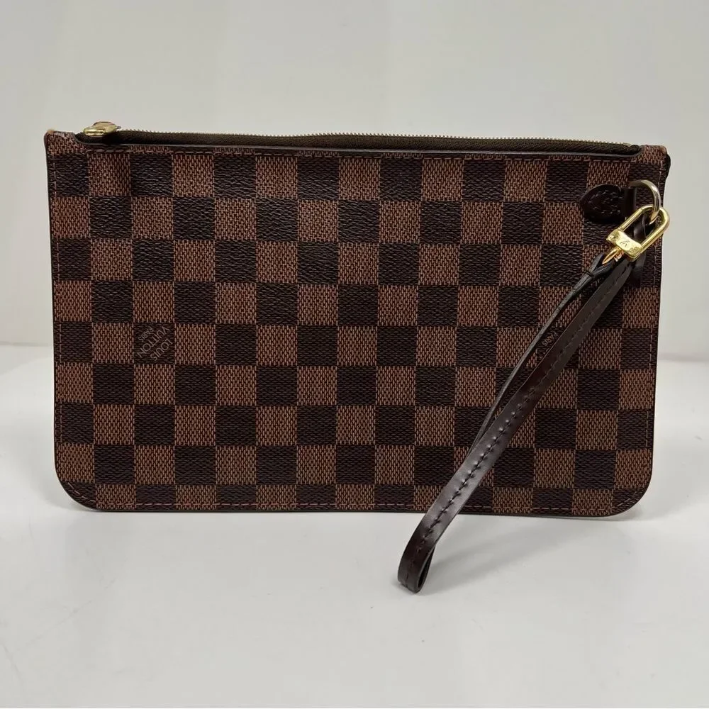 Louis Vuitton Damier Ebene Neverfull Pouch, Women's Brown Wristlet Clutch Wallet
